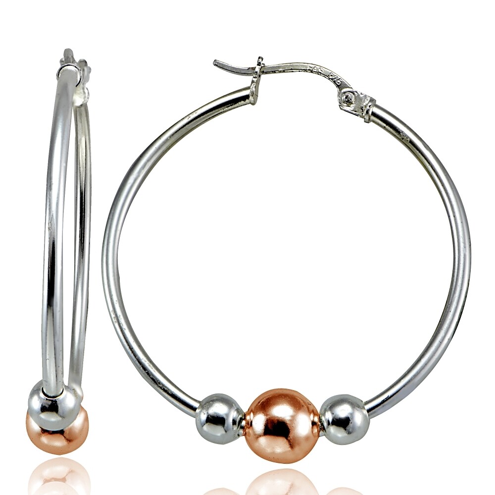 Sterling Silver with Rose Gold Tone Beads Round Hoop Earrings, 28mm
