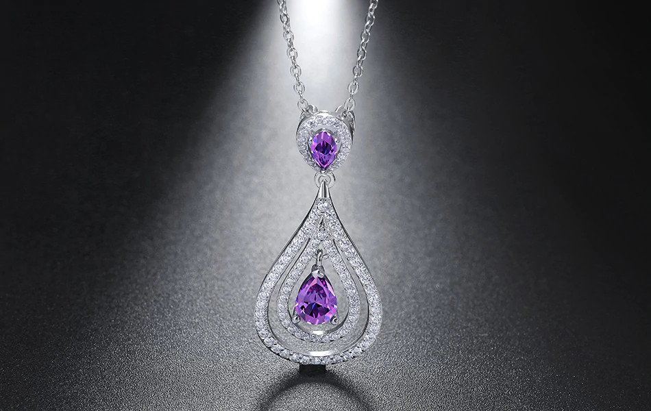 2.6ct Lab-Created Amethyst Pendant Chain Halo Water Drop 14k White Gold Plated