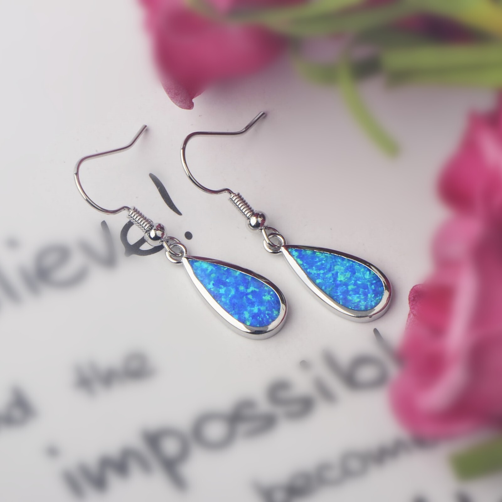 Hawaiian Blue Fire Opal Drop Shape Earrings Silver Filled For Women Girls