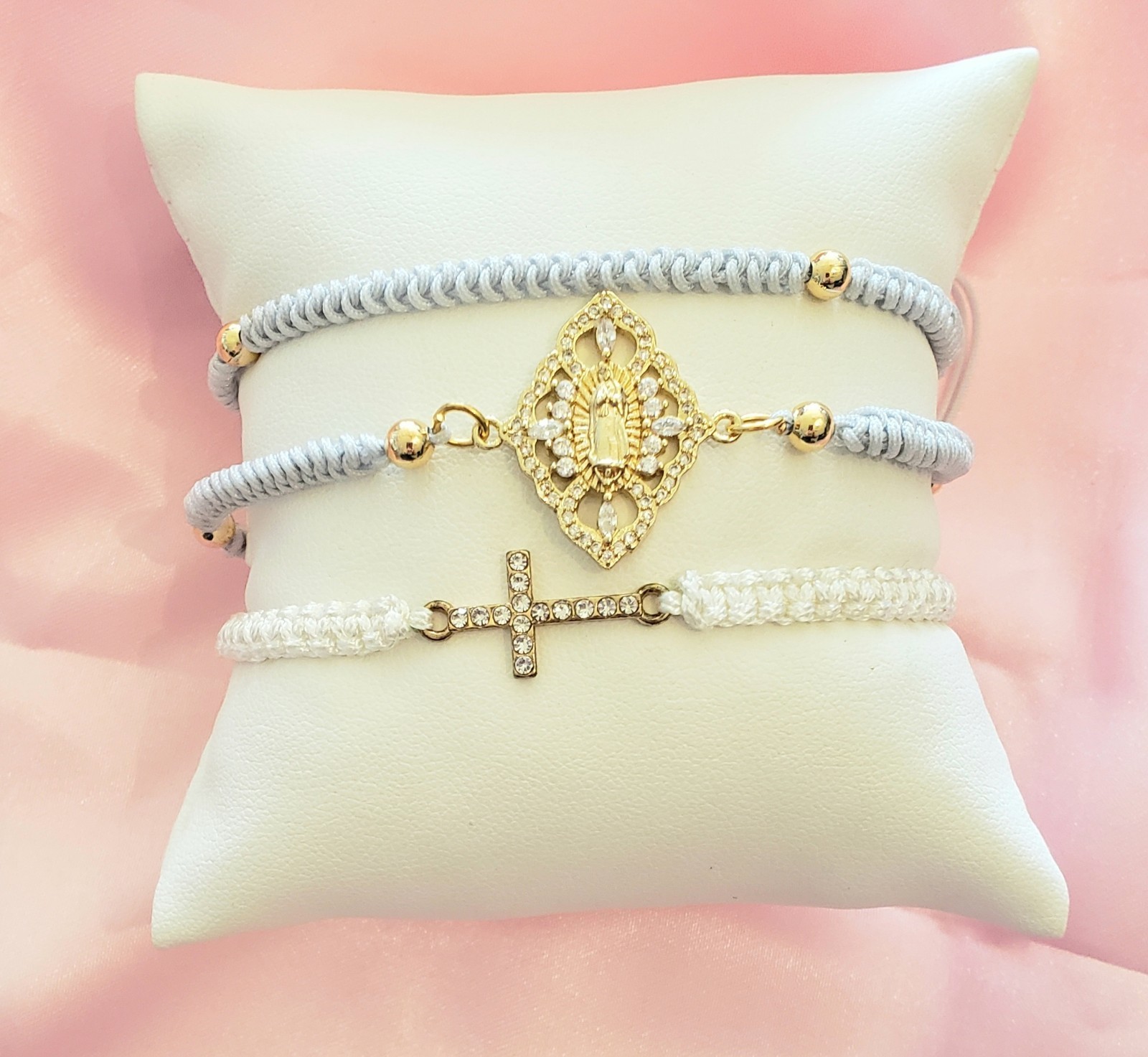 Bracelet 3 Pc. White Grey Religious Adjustable Set (K1)