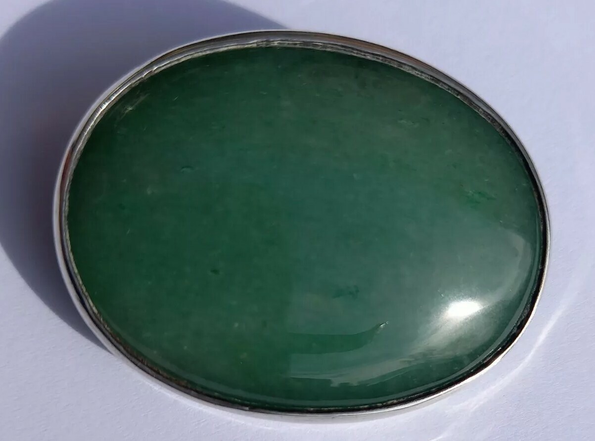 Hand Made Large Oval Silver & Jade Brooch Sheffield Hallmarked MTP 40mm x 32mm