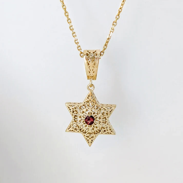 Star of David Filigree Pendant with Garnet or Citrine â€“ Optional Chain
