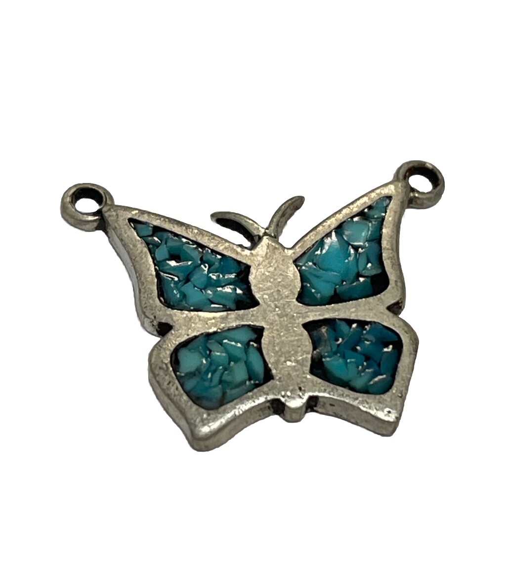 STERLING SILVER 925 BLUE TURQUOISE BUTTERFLY CHARM PENDANT 2 EYELET CRAFT VTG