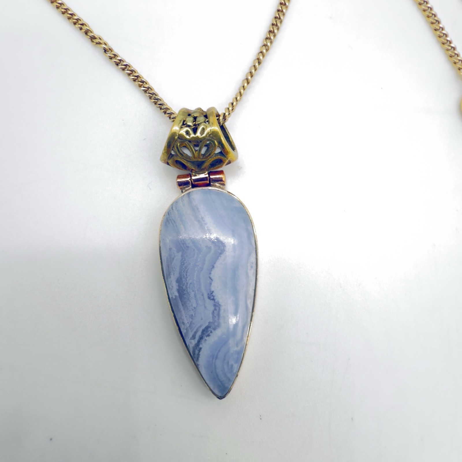 Vtg Blue Lace Agate Pendant Necklace Sterling Silver Gold Vermeil Victorian Read