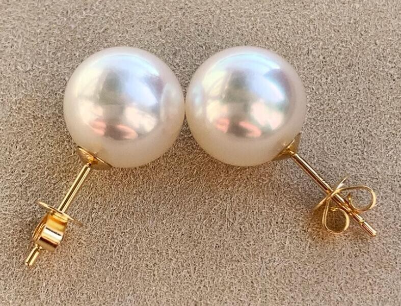 Beautiful AAAA 10-11mm South Sea WHITE round Pearl Earring 18K SOLID YELLOW GOLD