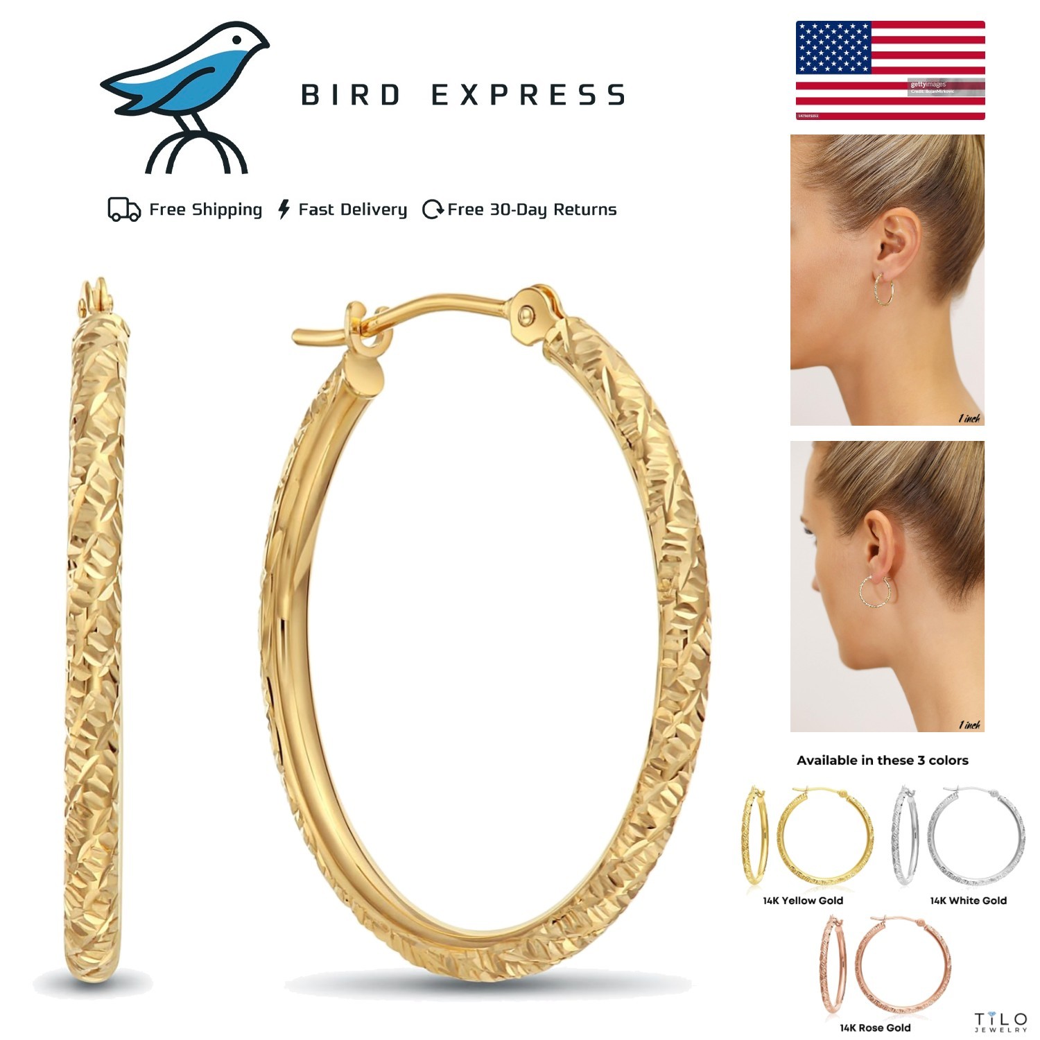 14K Solid Gold Hoop Earrings 1in Diameter Hand Engraved Diamond-Cut, Made in USA