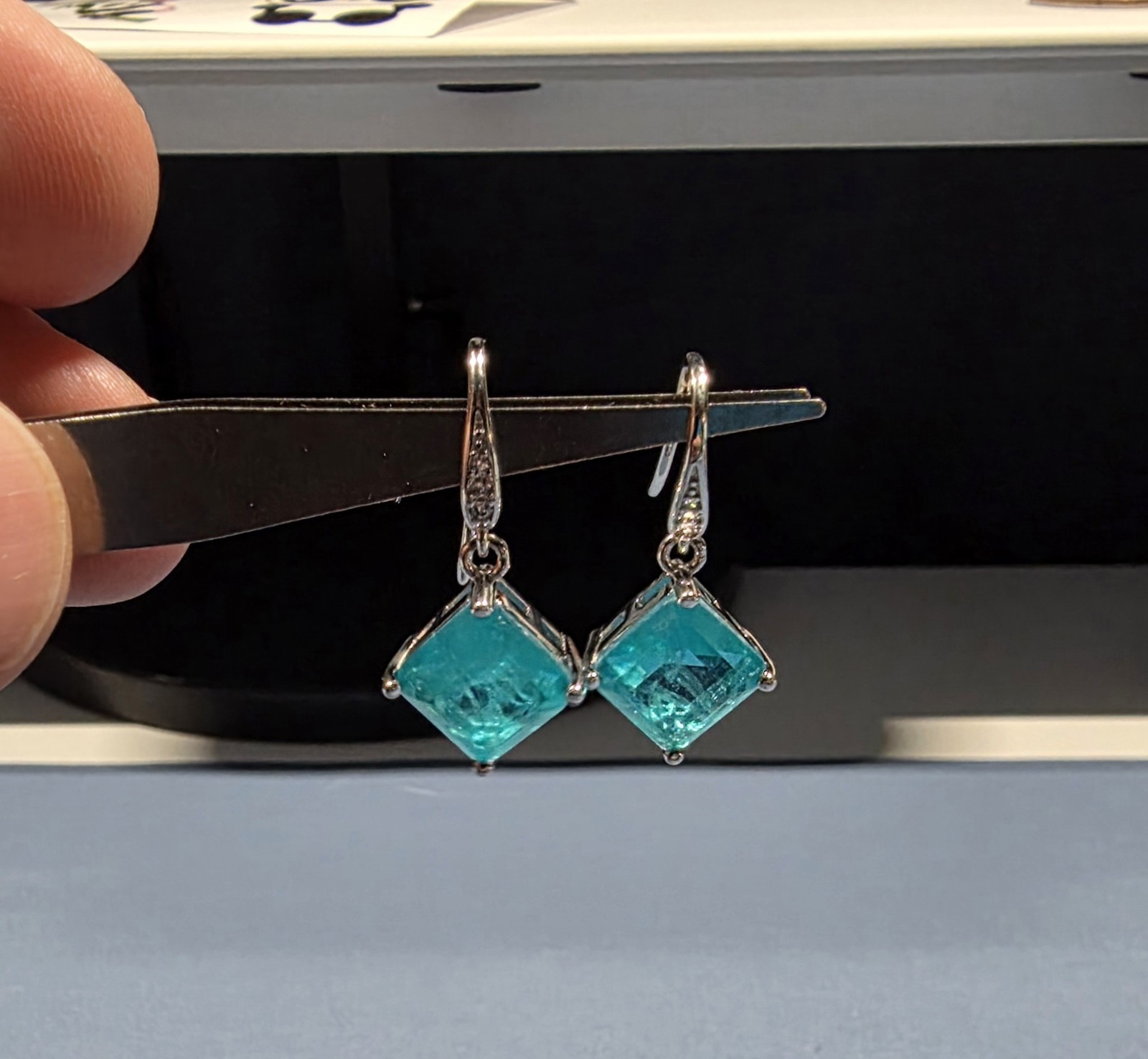 New Square Blue Paraiba Tourmaline Women Hook Earrings 925 Sterling Silver
