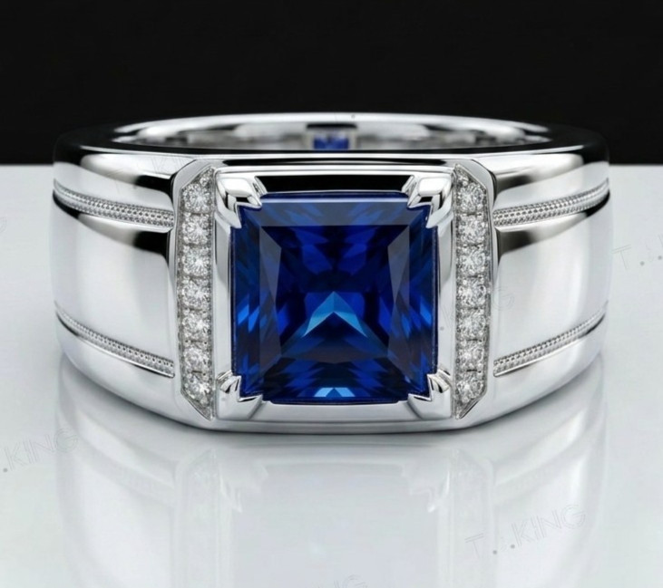 Men’s Natural Solid 925 Sterling Silver Hip Hop Big Blue Stone Ring
