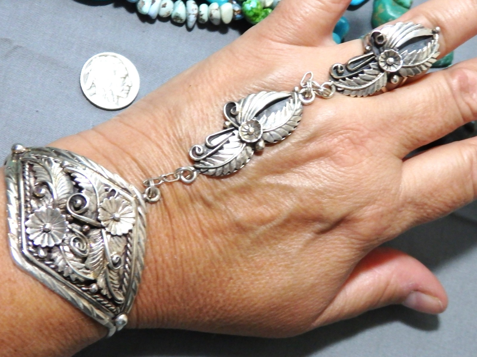 NAVAJO Jackson Sterling Silver SQUASH BLOSSOM Style 50g SLAVE BRACELET Ring sz9