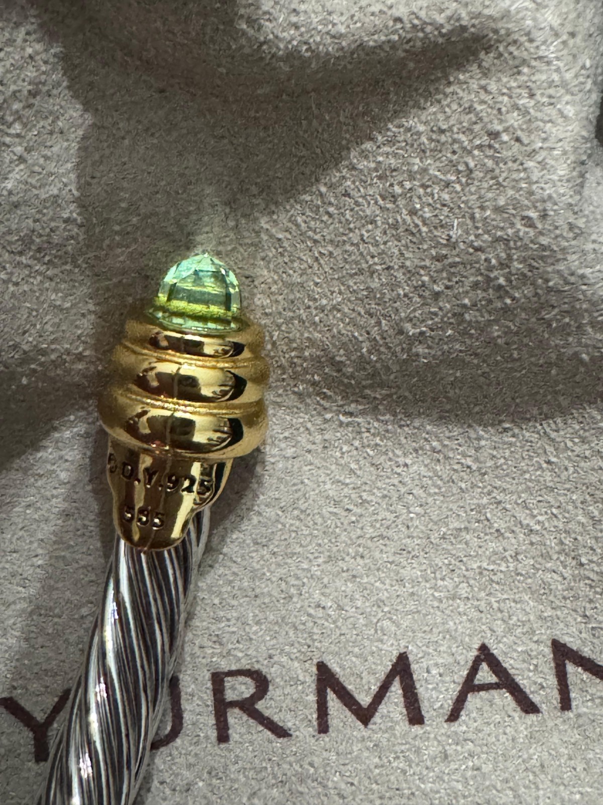 David Yurman 925 Sterling Silver Cable Cuff Bracelet w/ Green Peridot
