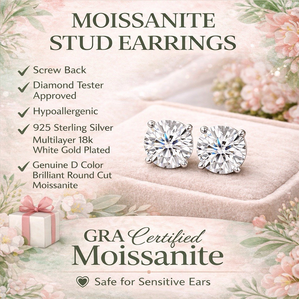 VVS1 Moissanite Screw back Stud Earrings 925 Silver Mens Ladies 3mm-8mm