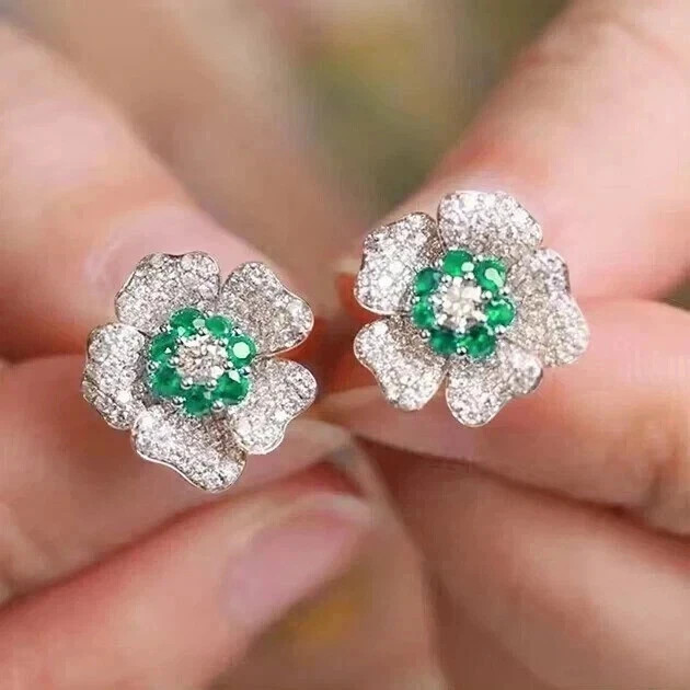 1.50Ct Round Cut Lab Created Emerald Flower Stud Earrings 14K White Gold Plated