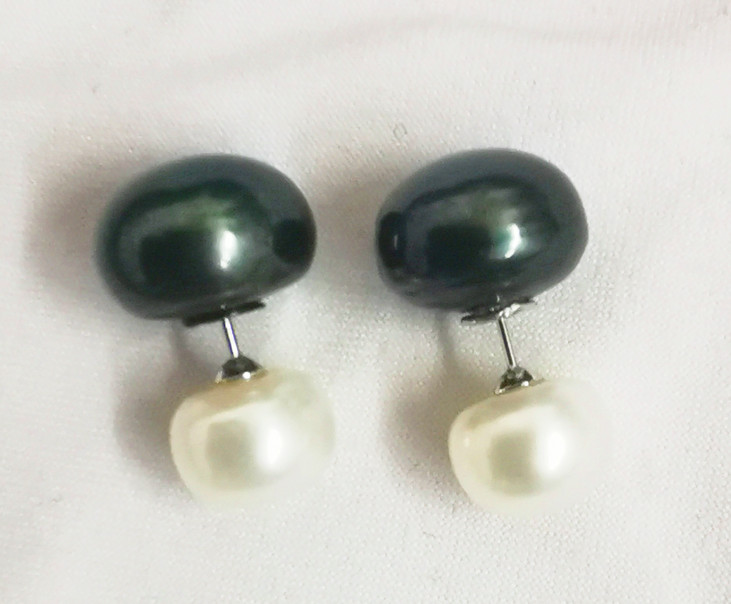 Pair 13mm South Sea Genuine black white Flat Round Pearl Stud Earring Hook Uniqu