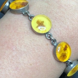 8485 Vintage Sterling Silver 925 Pressed flower resin Bracelet 7.75″ 20.6grams