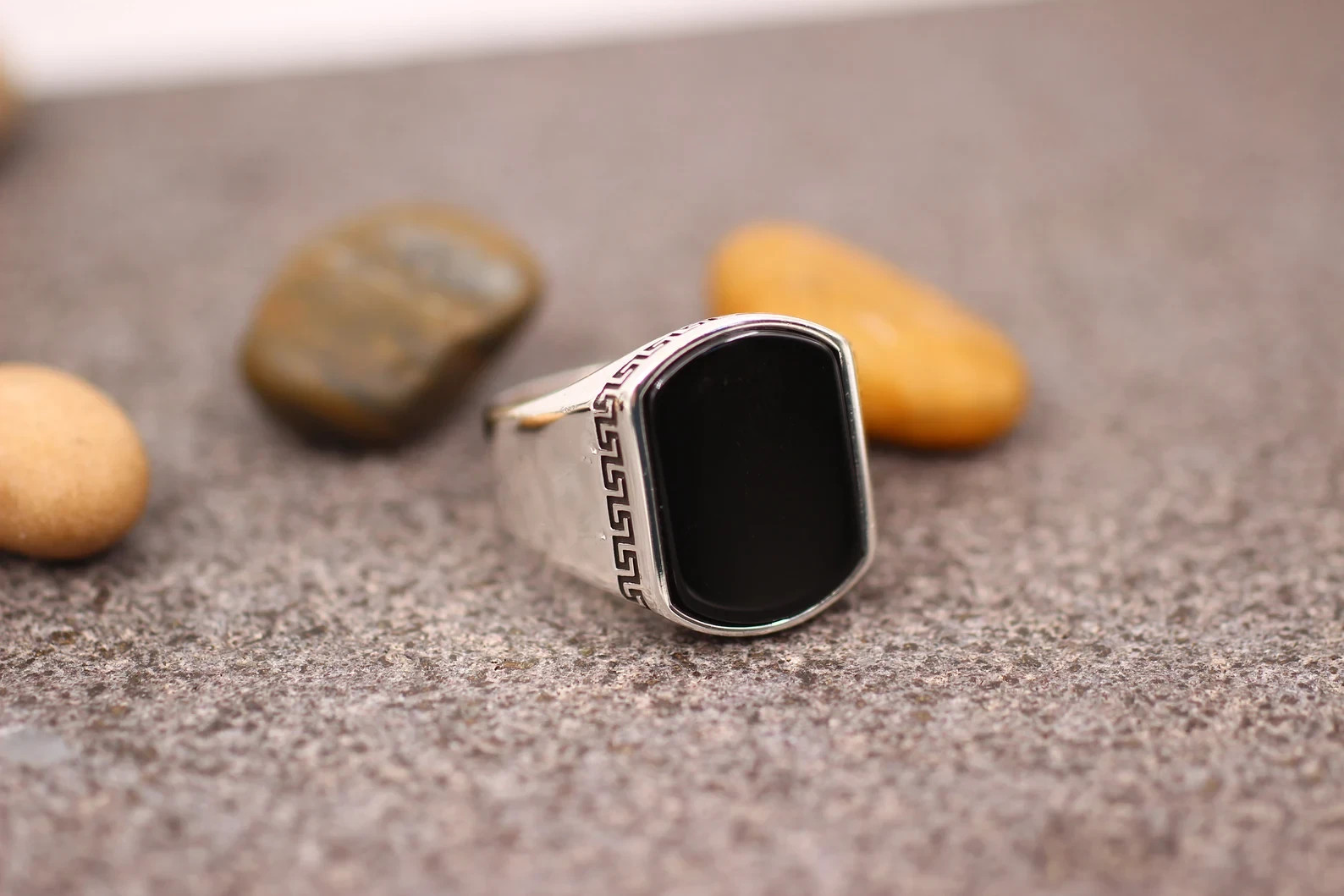 Solid 925 Sterling Silver AA Natural Flat Black Onyx Gemstone Men’s Unisex Ring