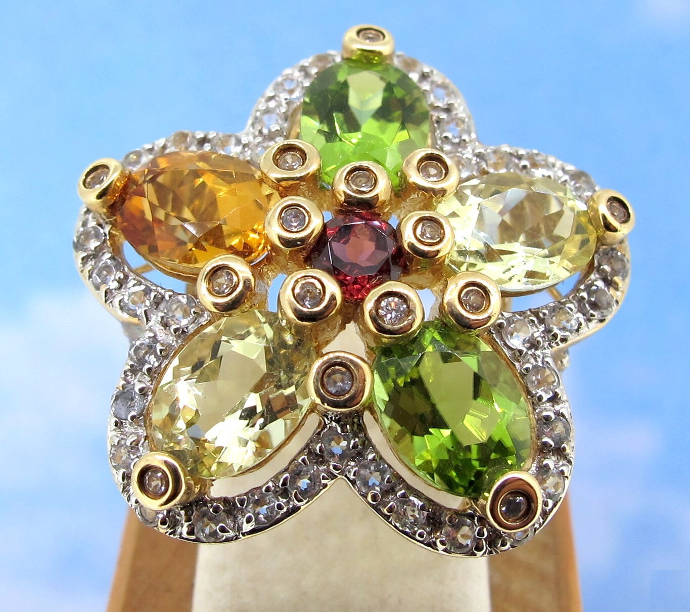 Solid 10k Yellow Gold Multi-Colored Gem Stones Flower Shape Women Ring Size 5