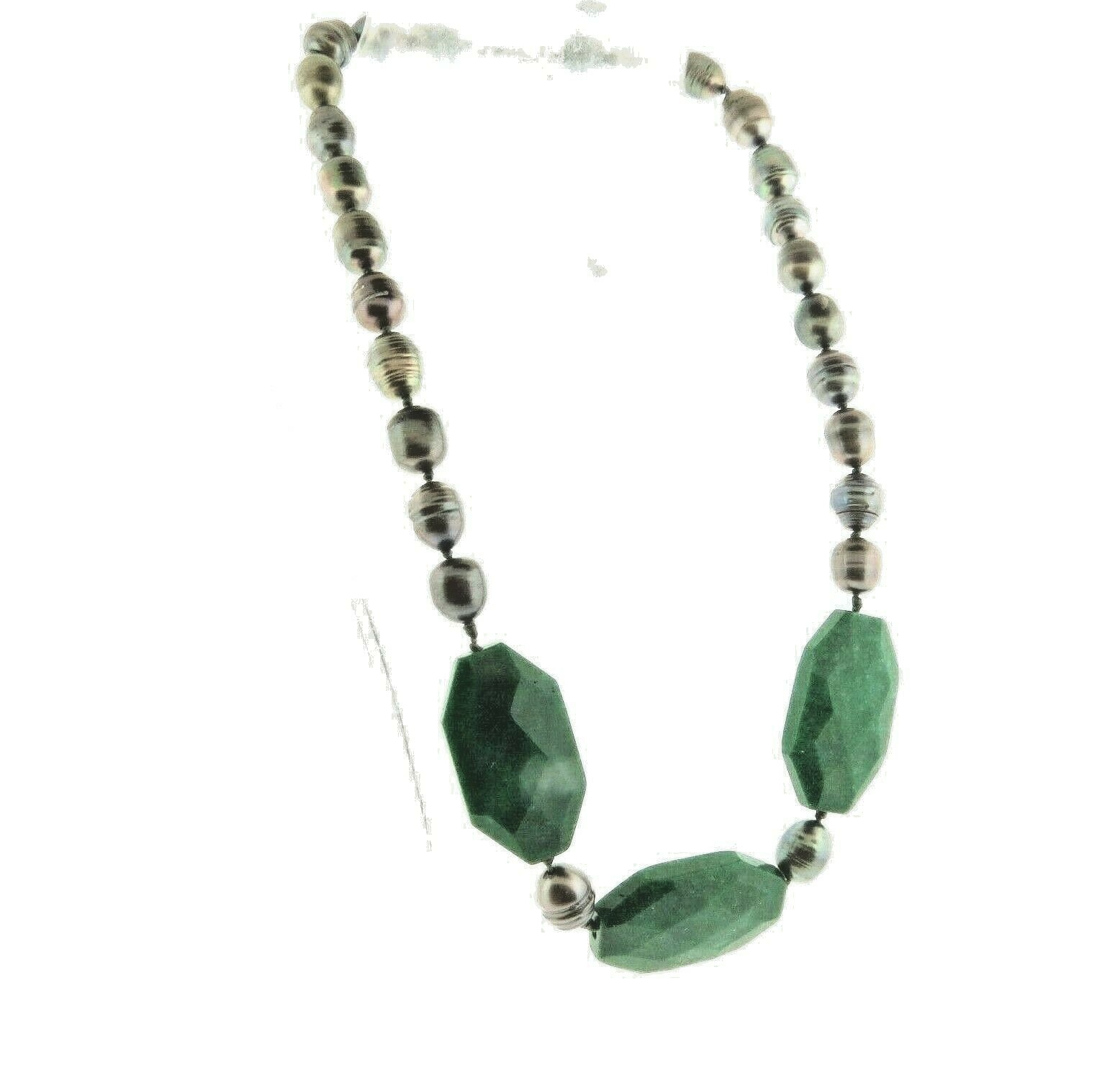 Gray Baroque Pearl and Green Agate Bead Necklace Sterling silver 20 mm 19″