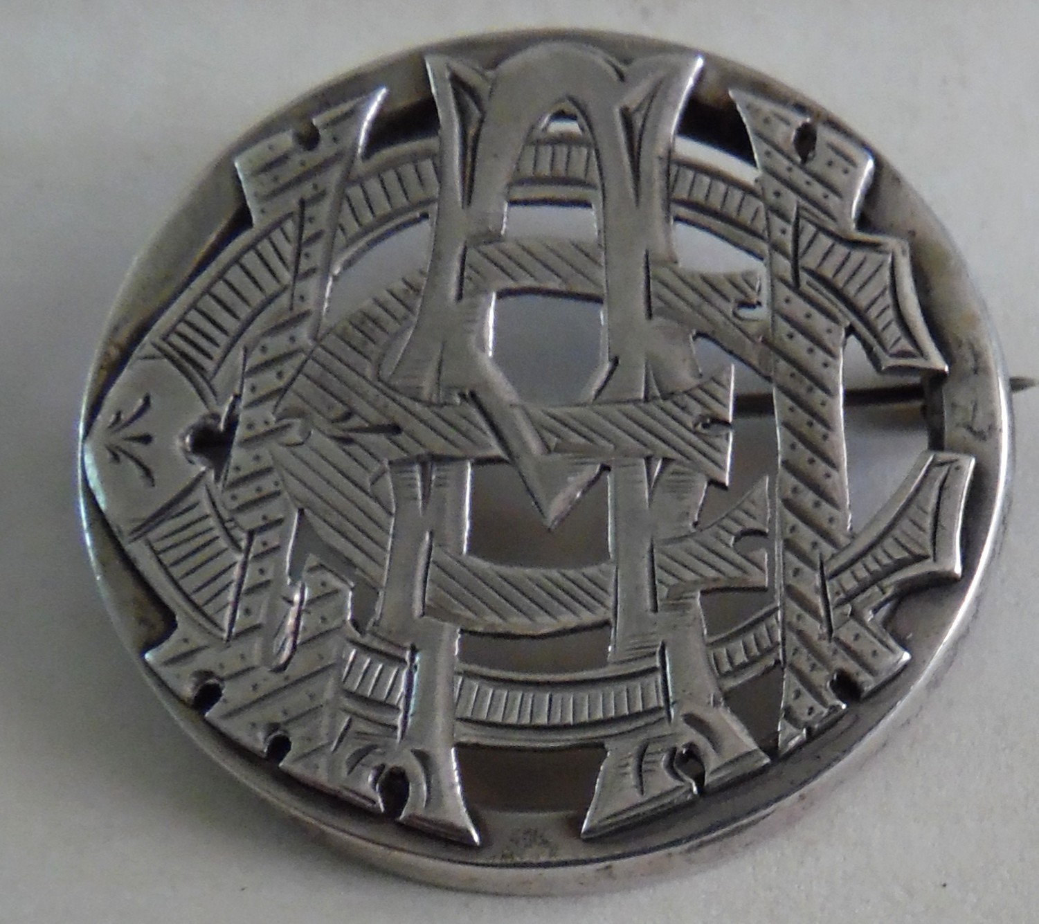 Victorian sterling silver puzzle initials brooch pin 8.8 GRAMS 1 1/2 INCH ROUND