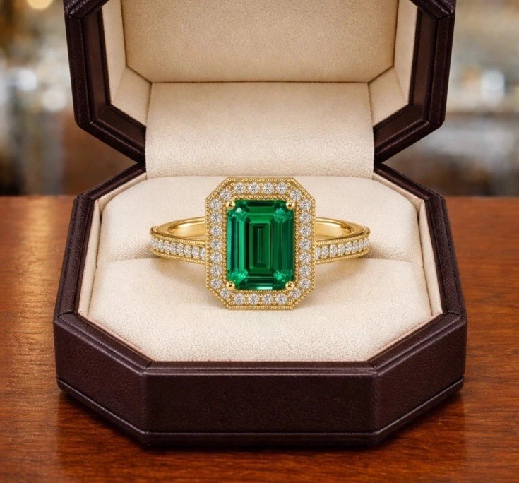 18k Solid Gold Emerald Diamond Ring Natural Zambian Emerald Ring