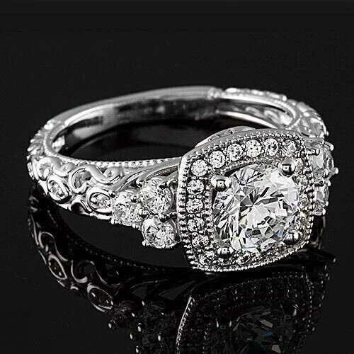 Cushion Style 1.65 Ct Round Lab Created Diamond Women Ring 14k White Gold Plated