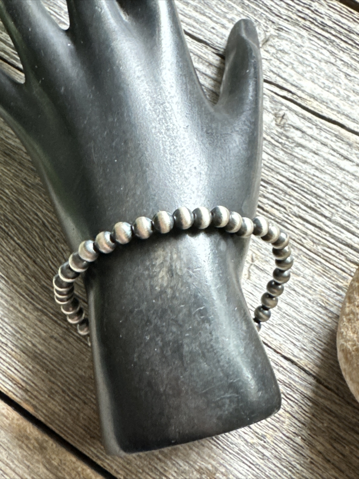 5mm 7 Inch Stretch Sterling Silver Oxidized Pearls Bead Bracelet Southwestern