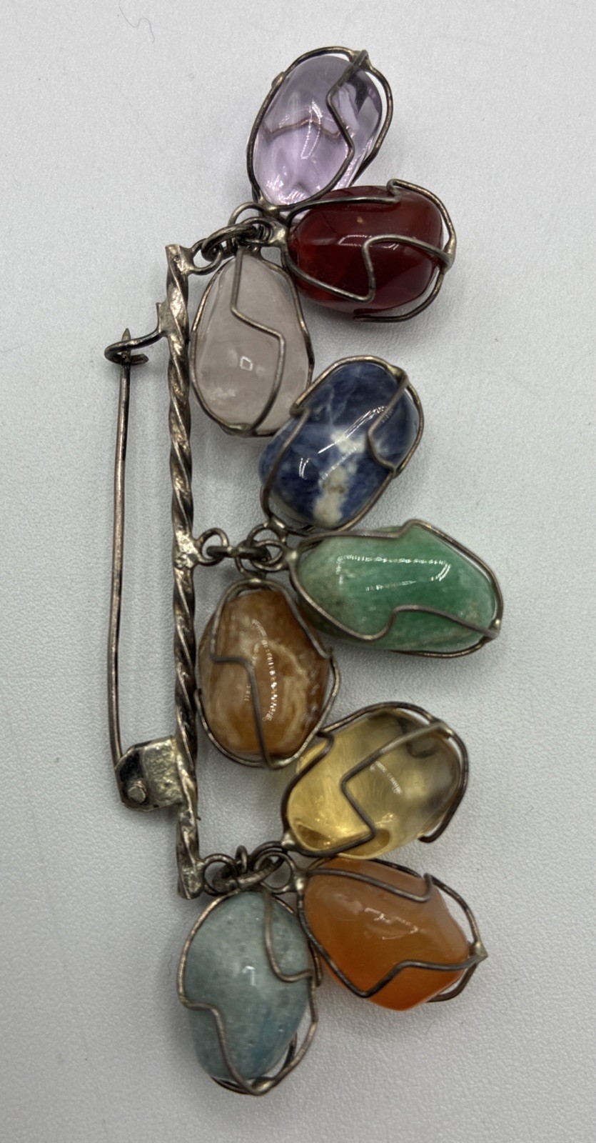 Vintage Mid Century silver brooch wire wrap Charm Gemstone Bohemian artisan Pin
