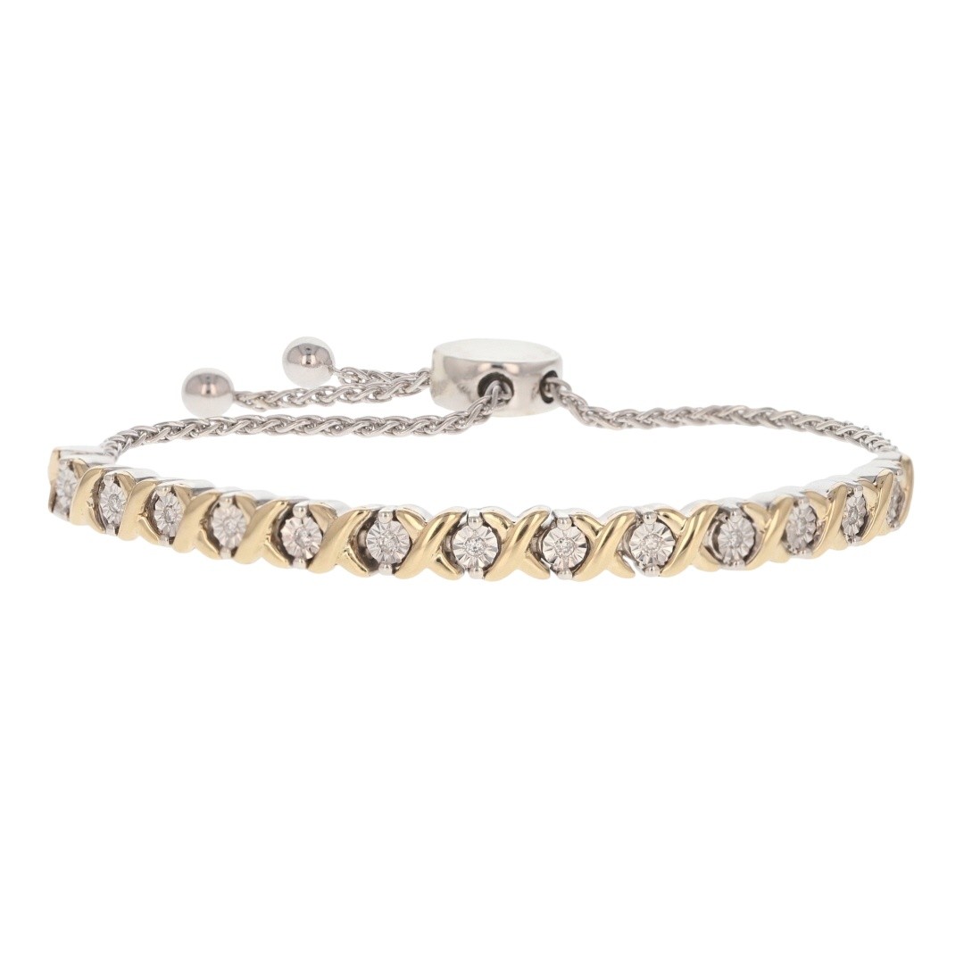.10ctw Diamond Illusion-Set XO Bolo 9″ Bracelet Sterling Silver/10k Yellow Gold