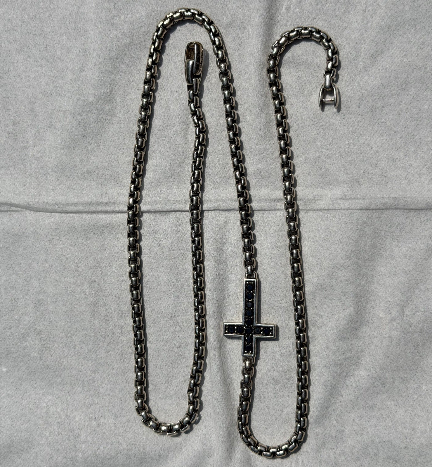 David Yurman Signed 925 Sterling Silver Box Chain Cross Pendant Necklace
