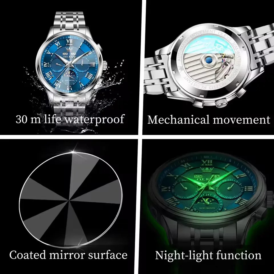 OLEVS Moon Phase Automatic Mechanical Watch Business Wristwatch for Men