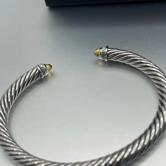 David Yurman Sterling Silver Blue Topaz and Diamonds 5mm Cable Cuff SMALL
