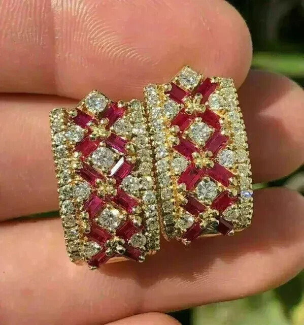 2.20Ct Baguette Cut Lab-Created Ruby Huggie Hoop Earrings 14K Yellow Gold Plated