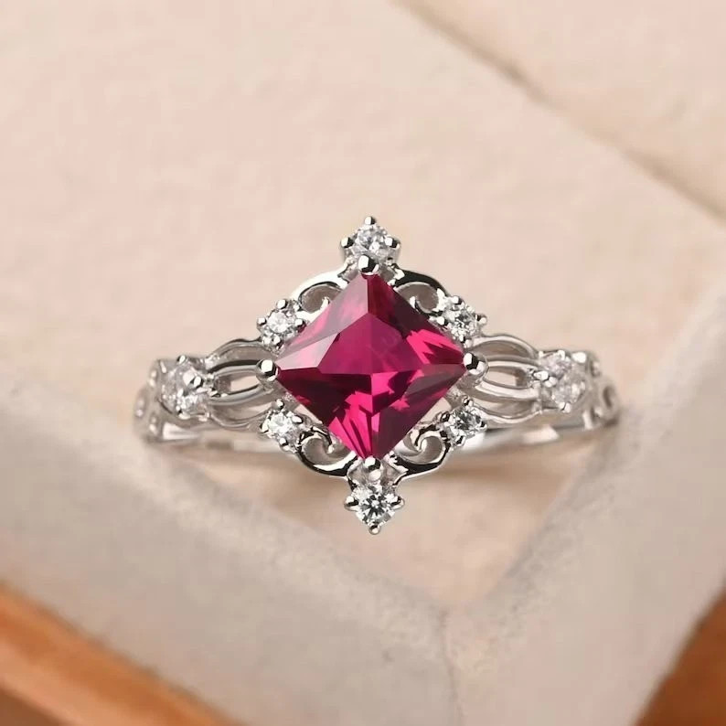 4.00 Ct Princess Cut Natural Ruby & Diamond Wedding Ring 14K White Gold