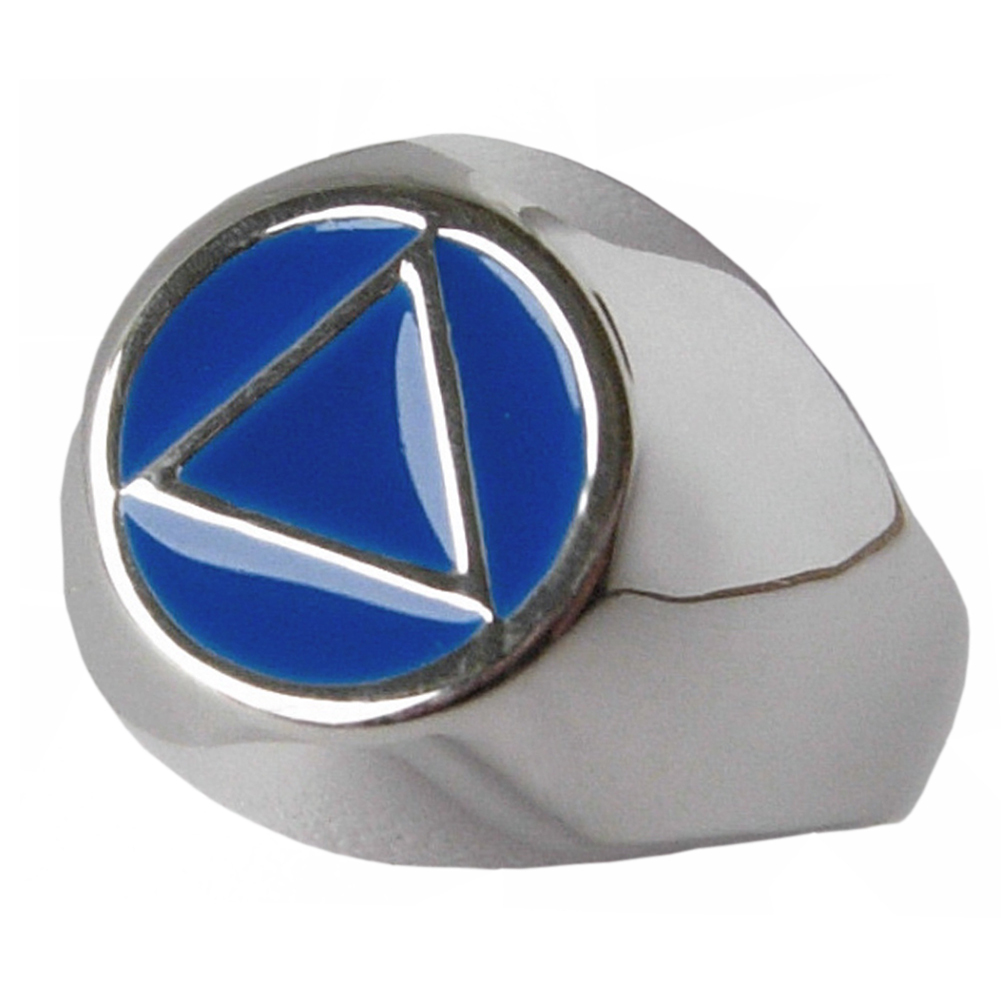 AA Alcoholics Anonymous, Classic Blue Enamel Ring, #950 Sizes 5-15, Ster.