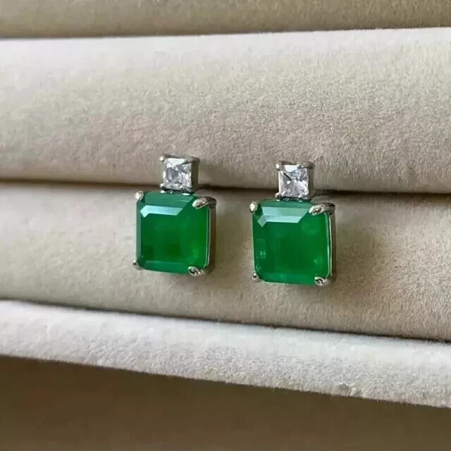 Natural Green Emerald 3.00CT Emerald Cut Stud Earrings 14K White Gold Plated