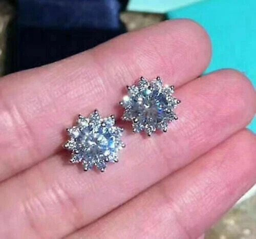 3.00Ct Lab Created Diamond Halo Stud Earrings 14K White Gold Silver Plated
