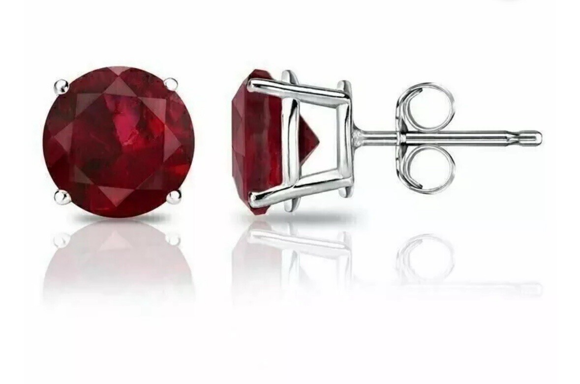 2 CT LAB CREATED RED RUBY STUD EARRINGS 14K WHITE GOLD ROUND CUT 7MM PUSH BACK