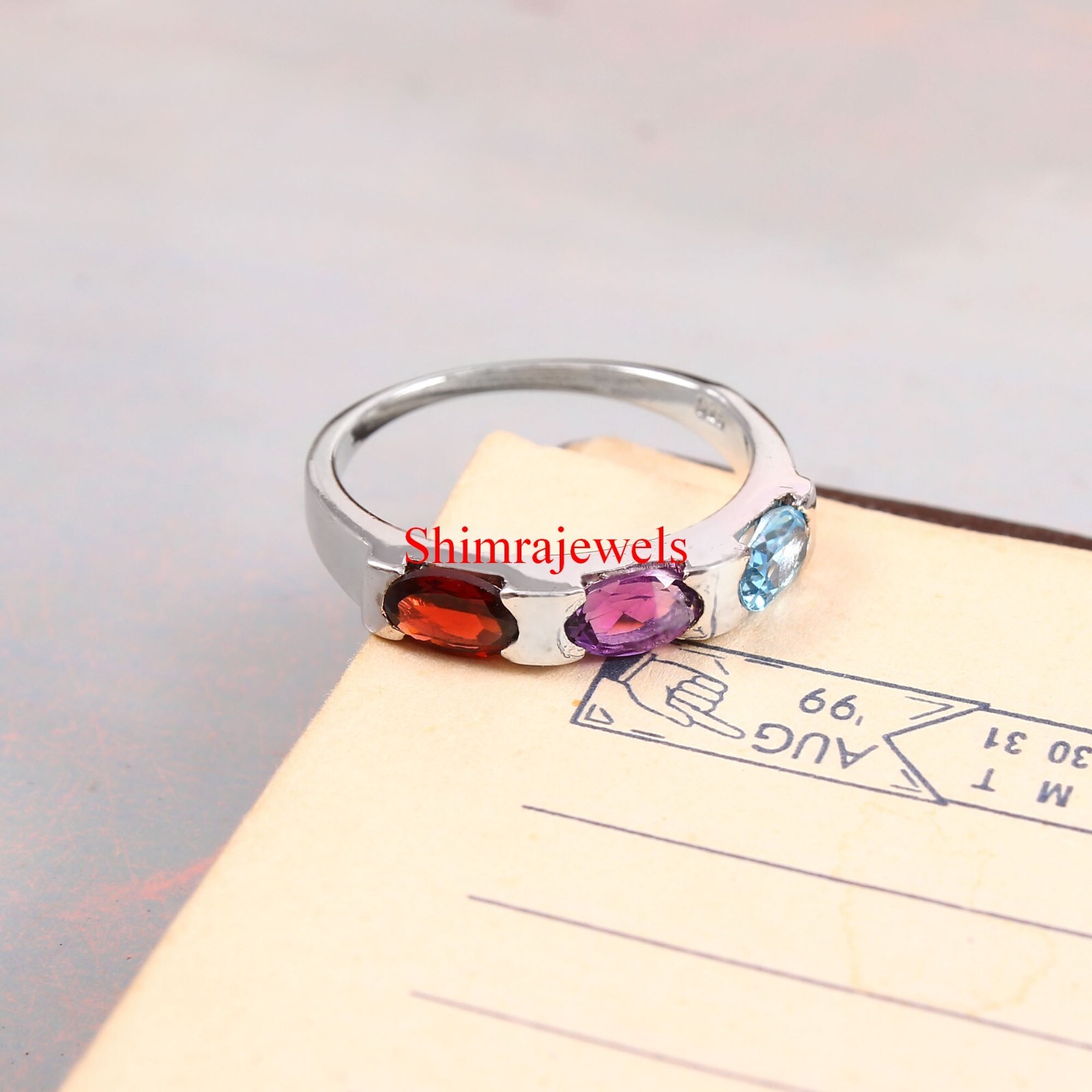 Natural Multi-Gemstone With 18K White Gold Plated Silver Women’s Ring #581