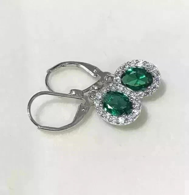 3Ct Oval Cut Lab-Created Emerald Drop/Dangle Earrings 14K White Gold Plated