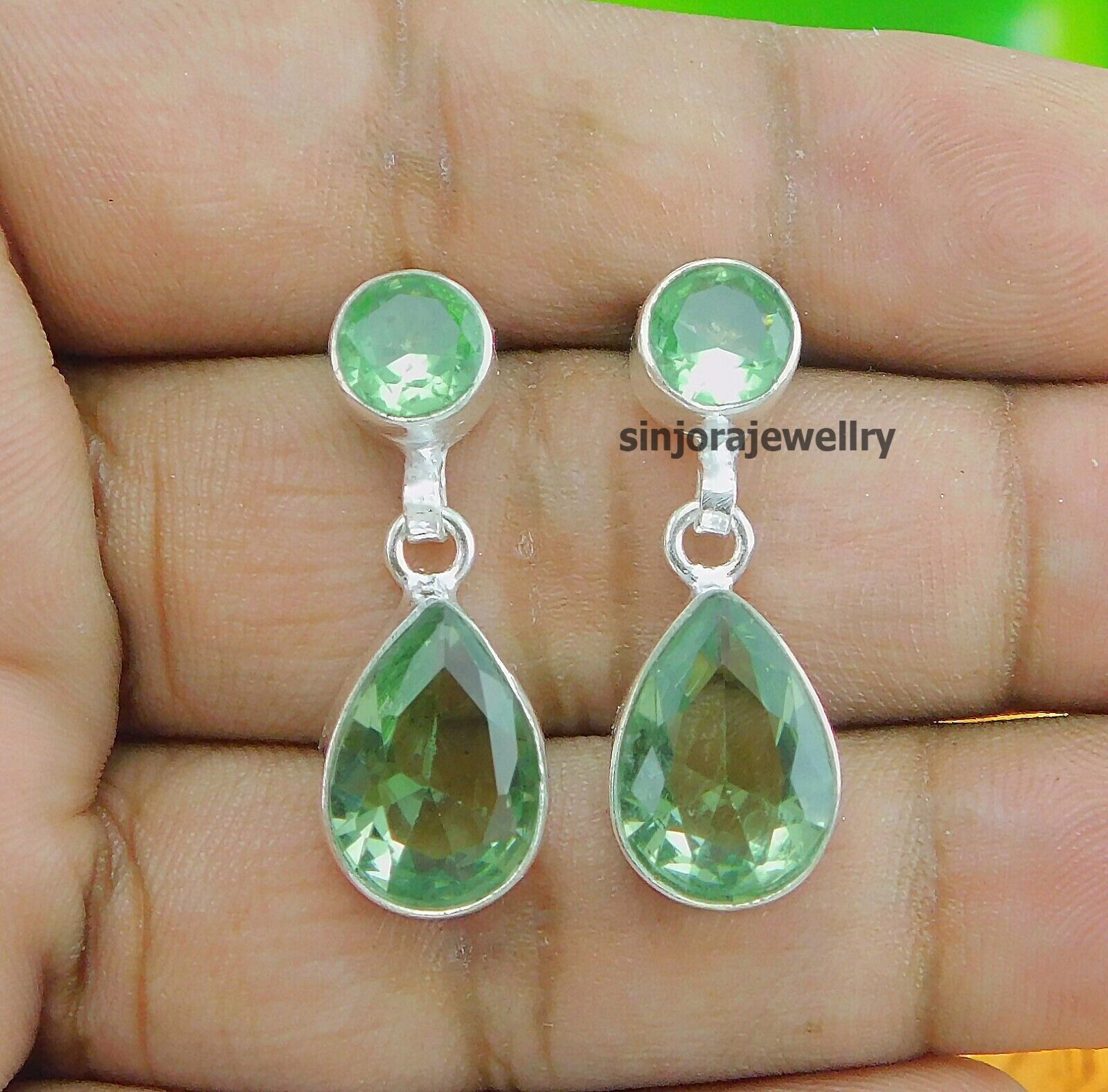 Green Amethyst Gemstone 925 sterling silver handmade stud Earrings 1″ inch