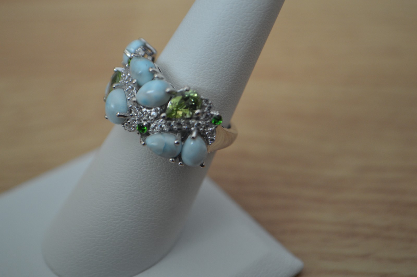 5.40ct Sky Blue Larimar /Multi Gemstone Ring Rhodium Plated over Fine Silver Sz7