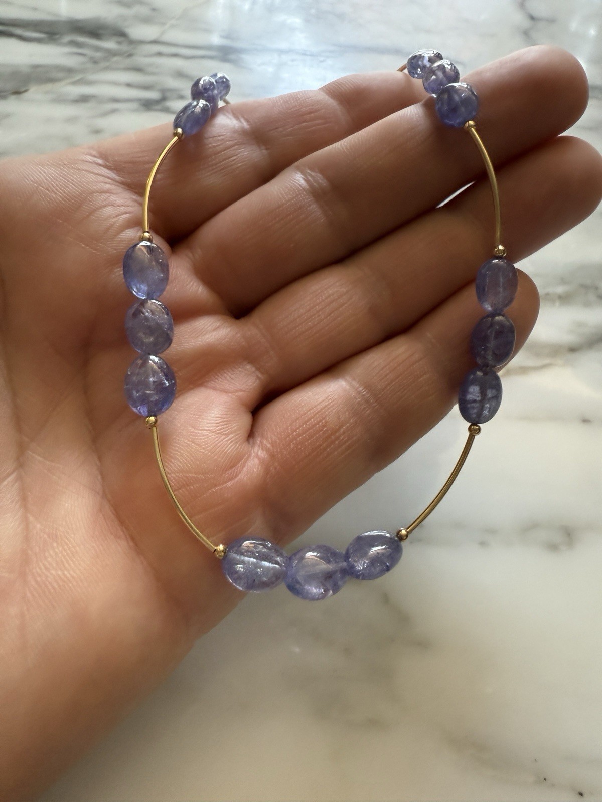 14k Solid Yellow Gold Scalloped Tanzanite Station Necklace 19 Inches