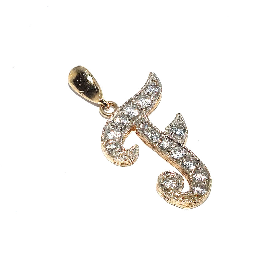 Ladies/womens 9ct yellow gold stylised letter ‘F’ pendant set with clear stones