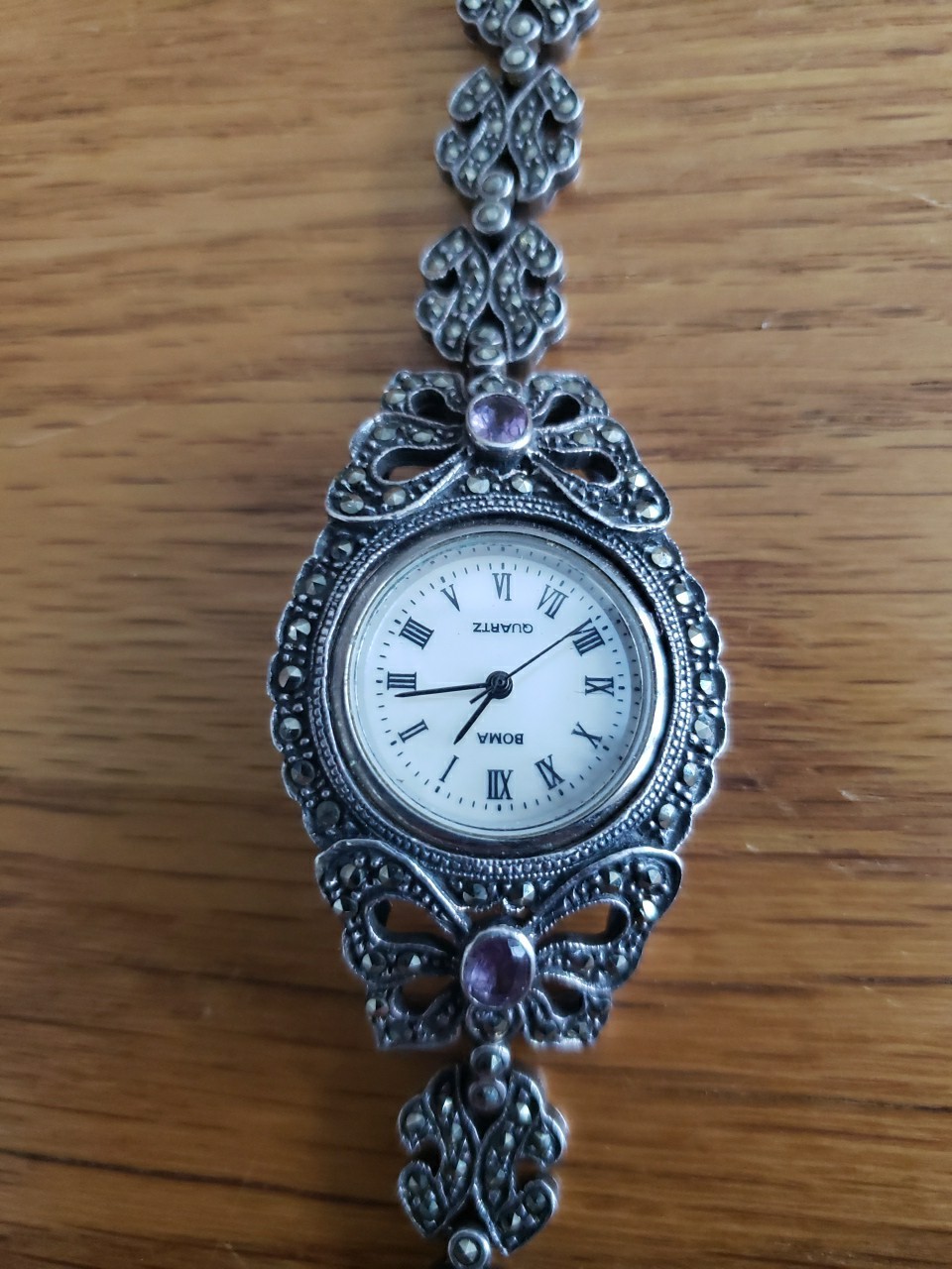 8″ Vintage Sterling Silver 925 Marcasite Amethyst Watch 47.95 Grams.