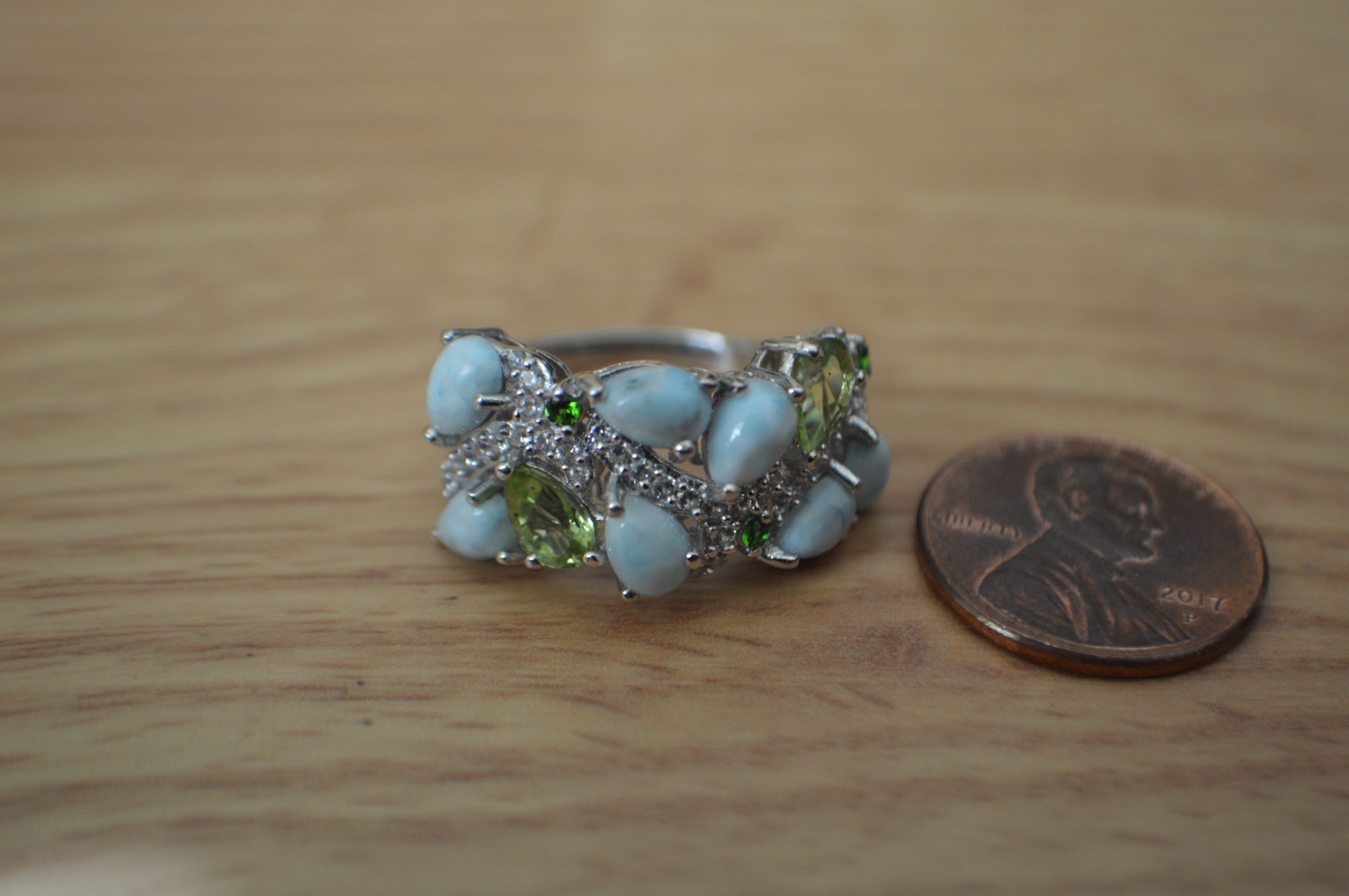 5.40ct Sky Blue Larimar /Multi Gemstone Ring Rhodium Plated over Fine Silver Sz7