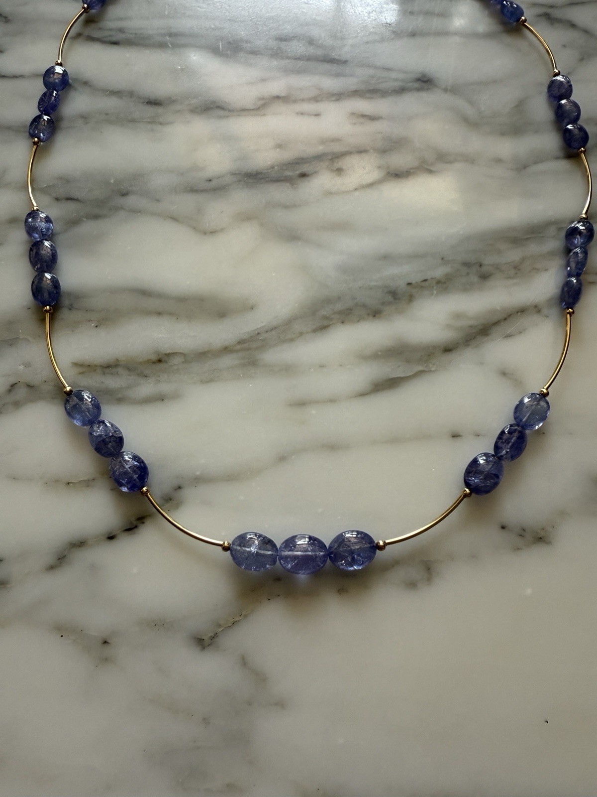 14k Solid Yellow Gold Scalloped Tanzanite Station Necklace 19 Inches