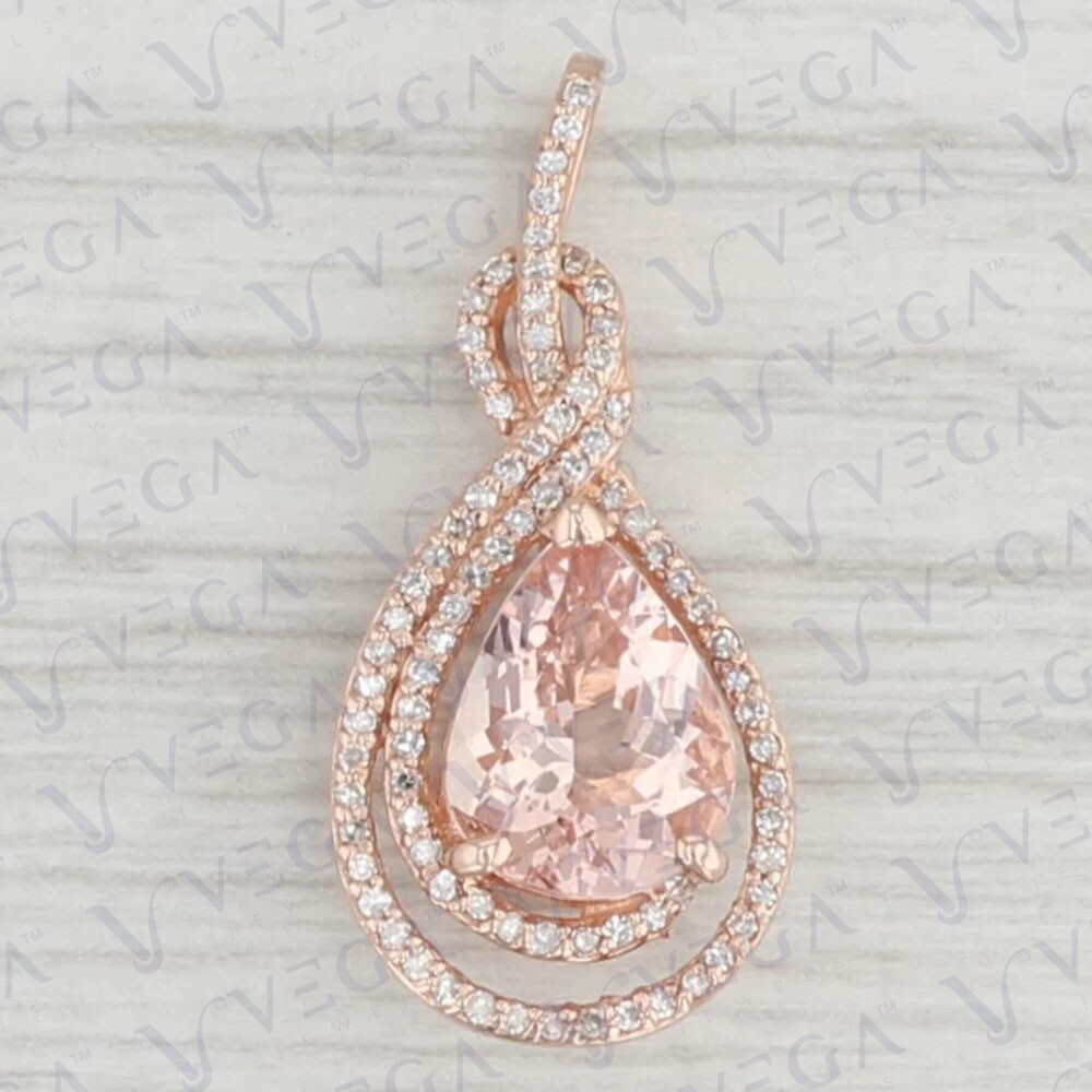6.80Ct Pear Cut Natural Morganite & Diamond Solid 14K Rose Gold Pendant No Chain