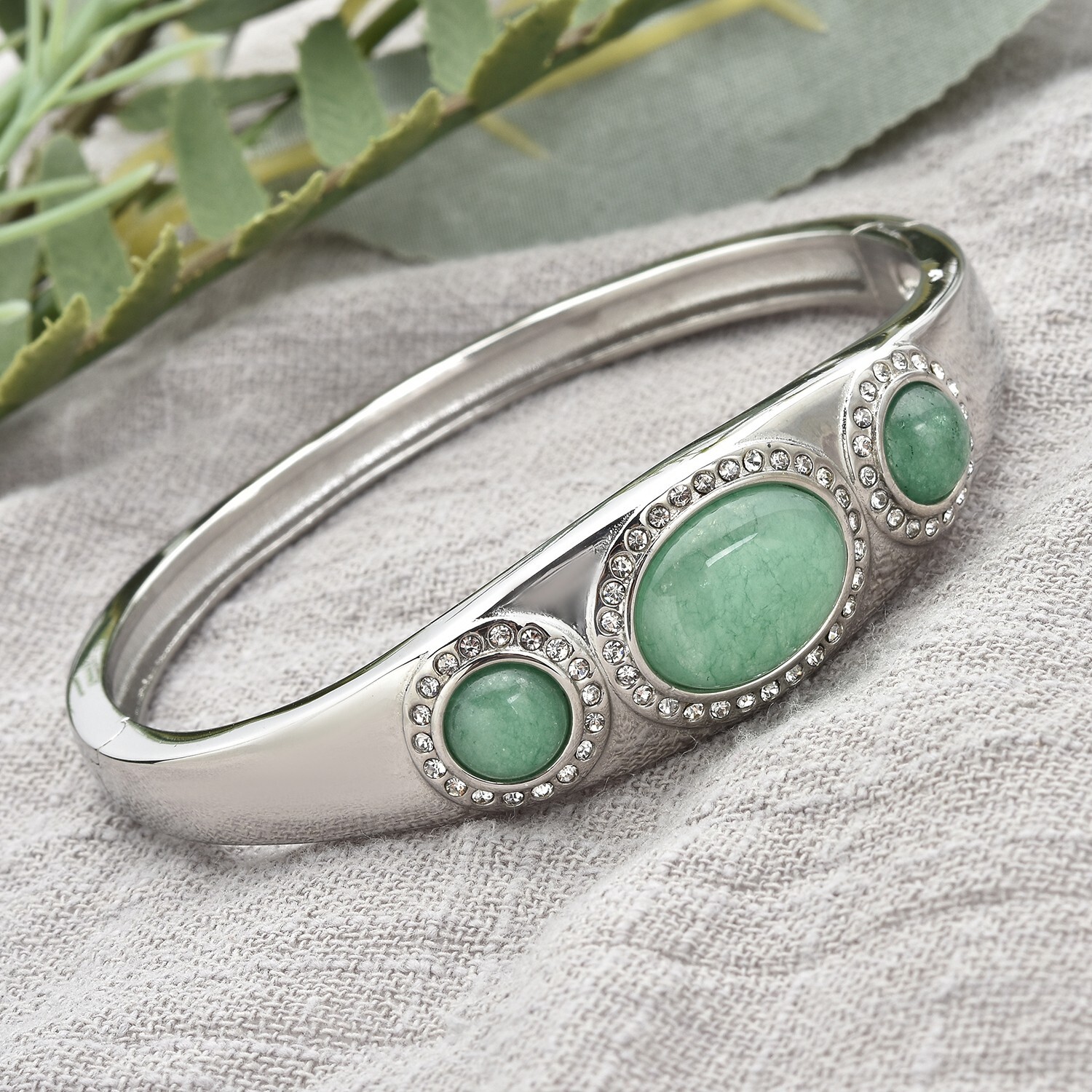 Green Aventurine & Austrian Crystal Cuff Ladies Bracelet 316L Stainless Steel