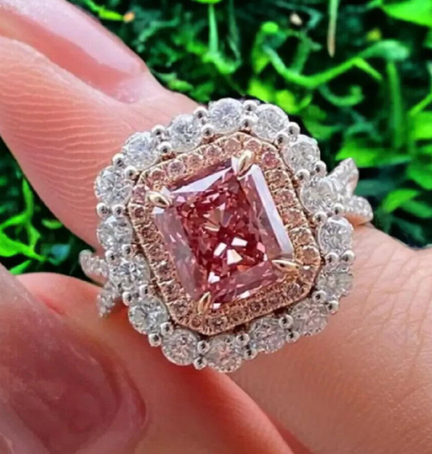 3.50CT Radiant Cut Lab Grown Fancy Vivid Pink Diamond Engagement Ring 14k Gold