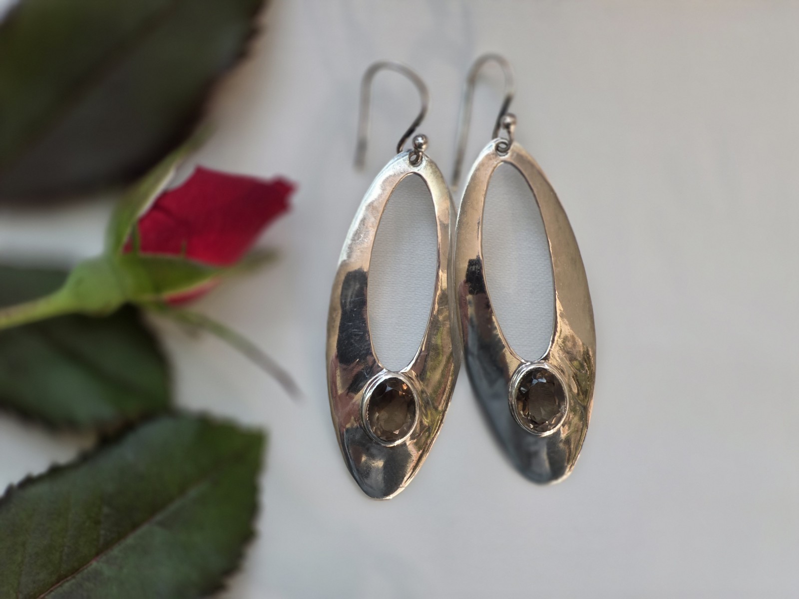 Modernist Vintage Sterling Silver Smoky Quartz Earrings Stamped Mid Century 925