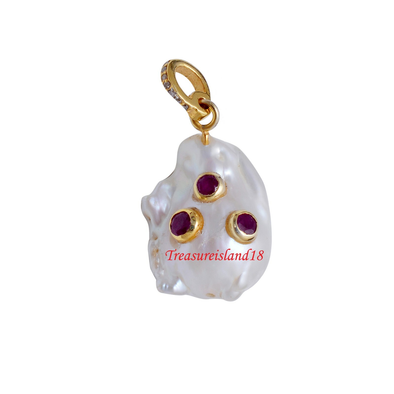 925 Sterling Silver Diamond Ruby Baroque Pearl Pendant,Pave Diamond Pendant,Ruby